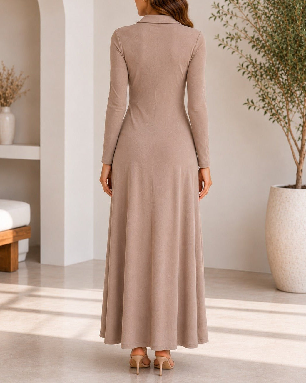 Ladies New Feeling Rib Zip Front Dress- Beige - StylePhase SA