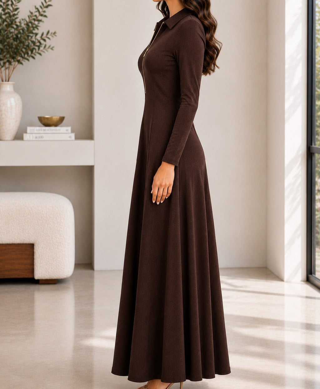Ladies New Feeling Rib Zip Front Dress-Dark Brown - StylePhase SA