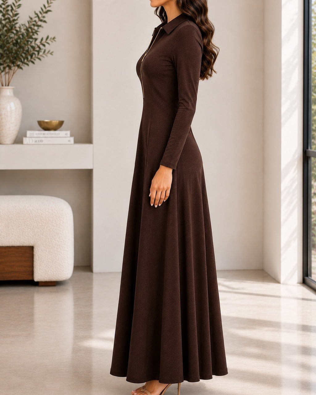 Ladies New Feeling Rib Zip Front Dress-Dark Brown - StylePhase SA