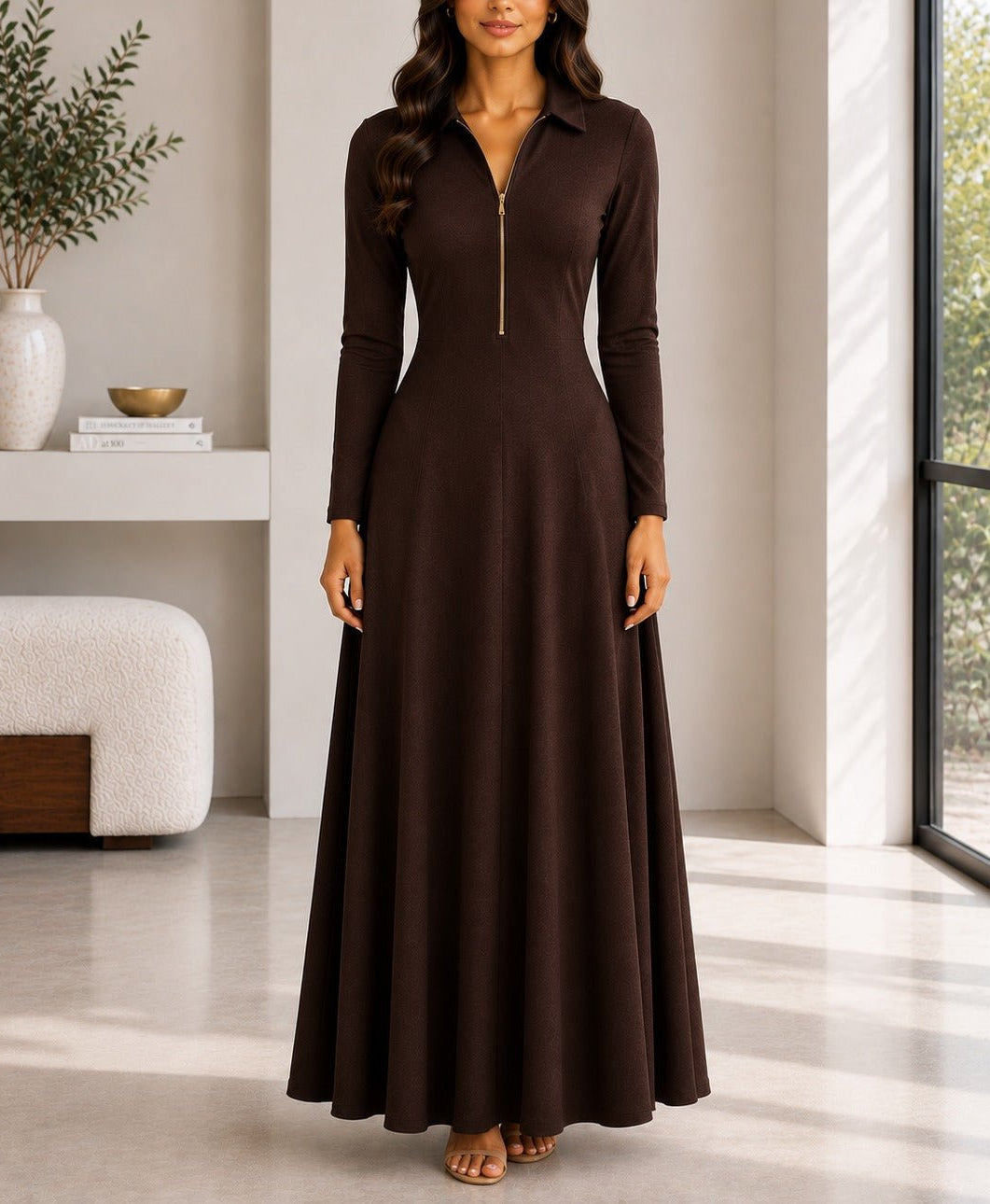 Ladies New Feeling Rib Zip Front Dress-Dark Brown - StylePhase SA
