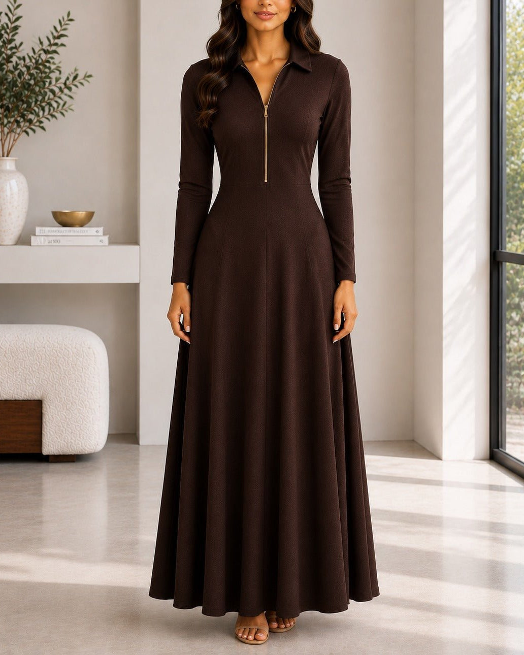 Ladies New Feeling Rib Zip Front Dress-Dark Brown - StylePhase SA
