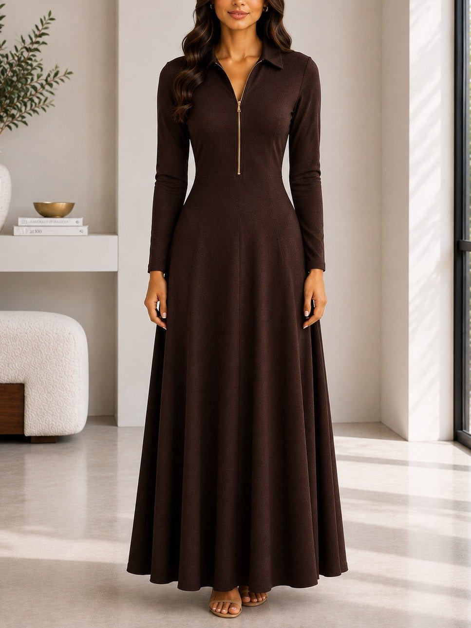 Ladies New Feeling Rib Zip Front Dress-Dark Brown - StylePhase SA