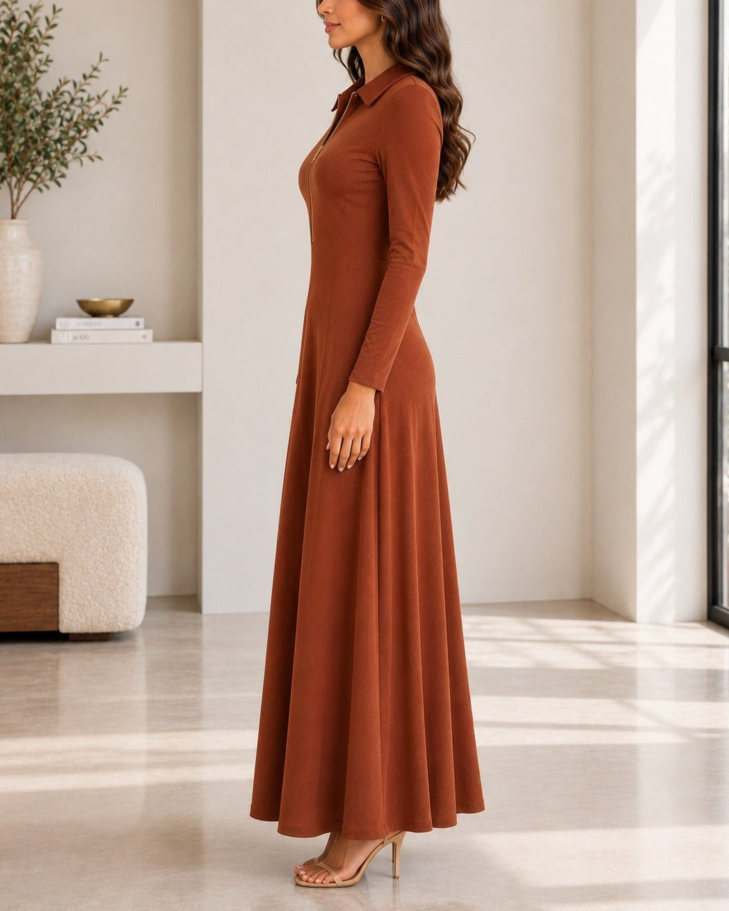 Ladies New Feeling Rib Zip Front Dress-Rust - StylePhase SA