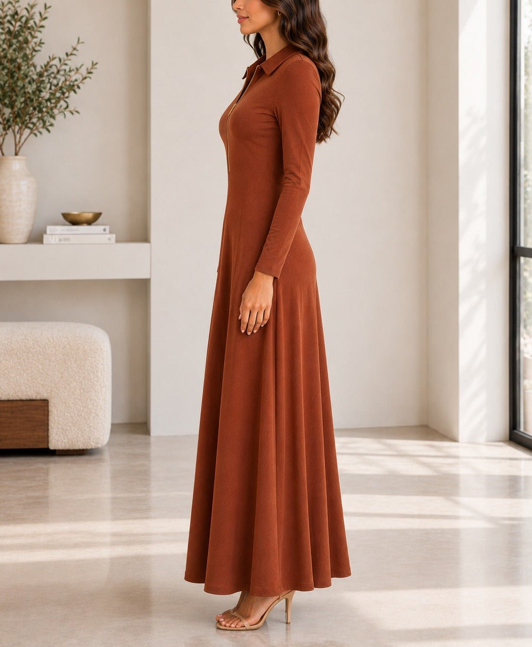 Ladies New Feeling Rib Zip Front Dress-Rust - StylePhase SA