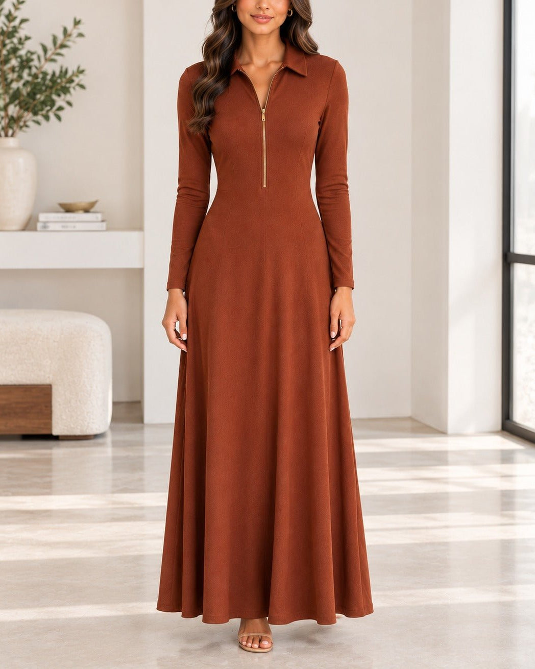 Ladies New Feeling Rib Zip Front Dress-Rust - StylePhase SA
