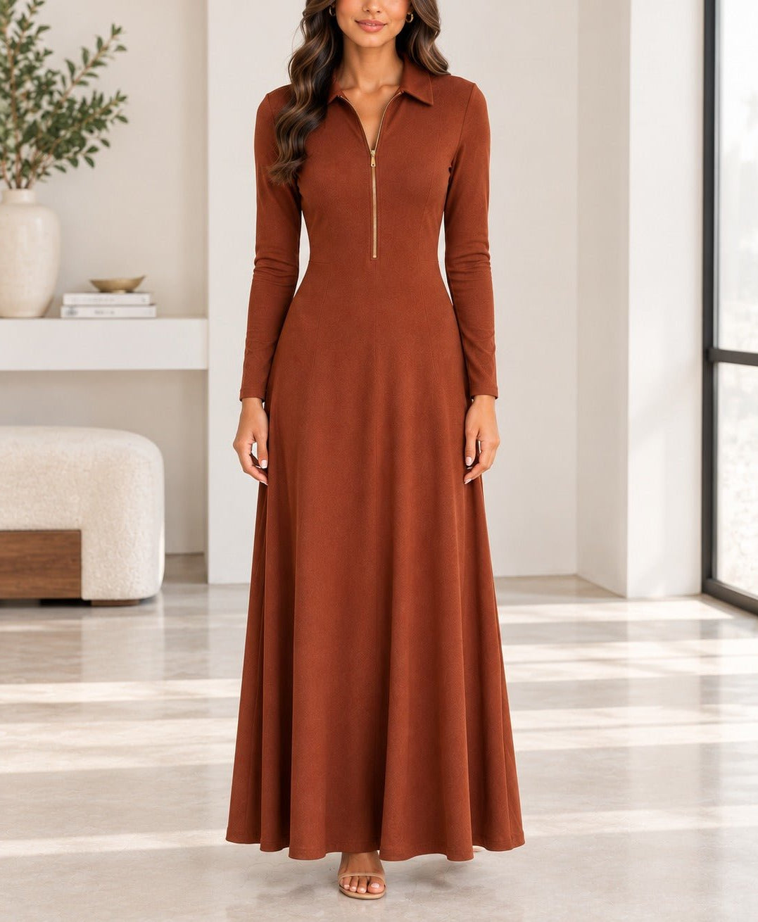 Ladies New Feeling Rib Zip Front Dress-Rust - StylePhase SA