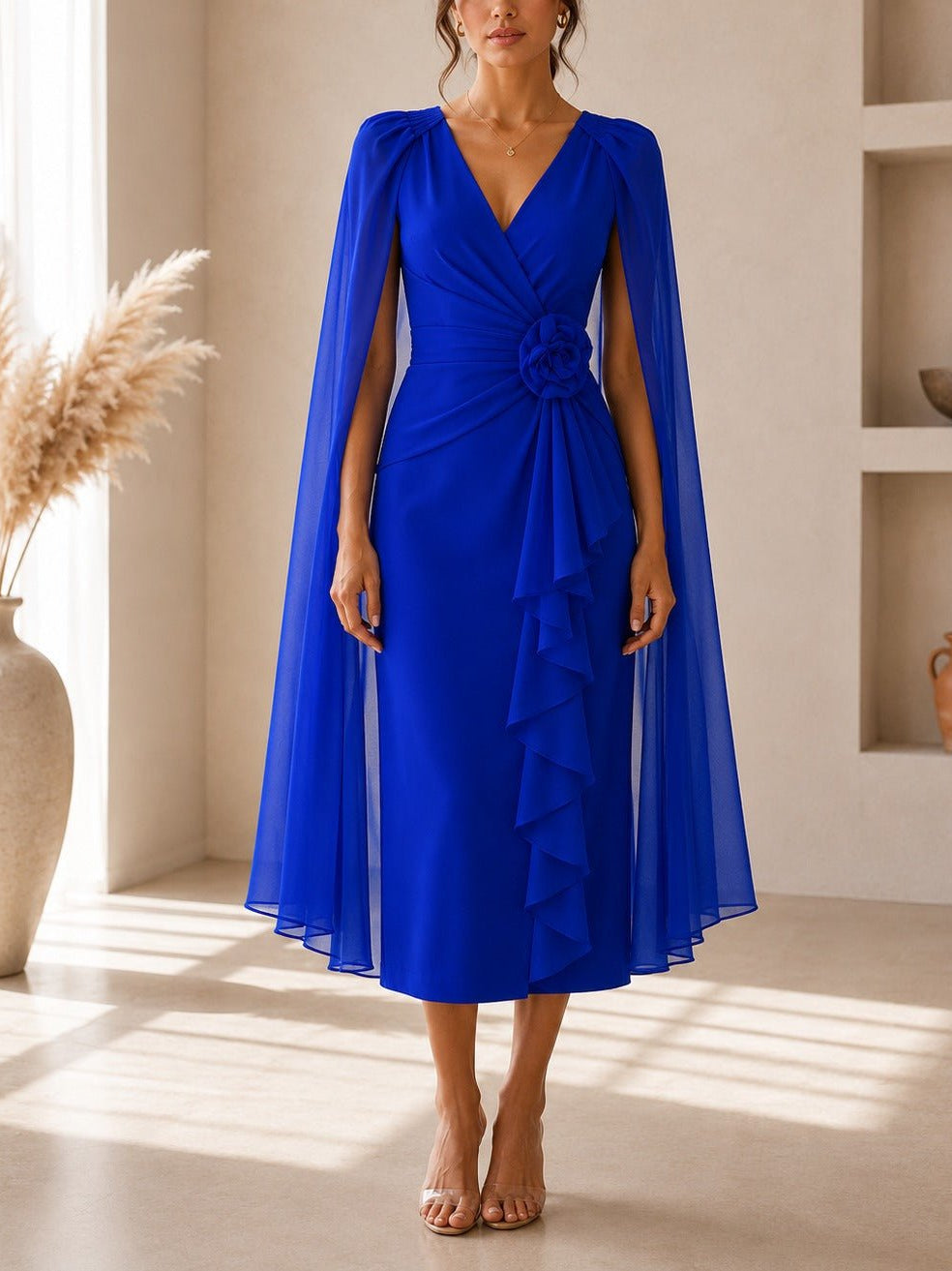 Ladies New Feeling Royal Blue Rose Cape Sleeve Dress - StylePhase SA