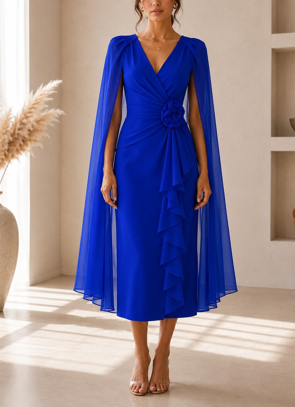 Ladies New Feeling Royal Blue Rose Cape Sleeve Dress - StylePhase SA