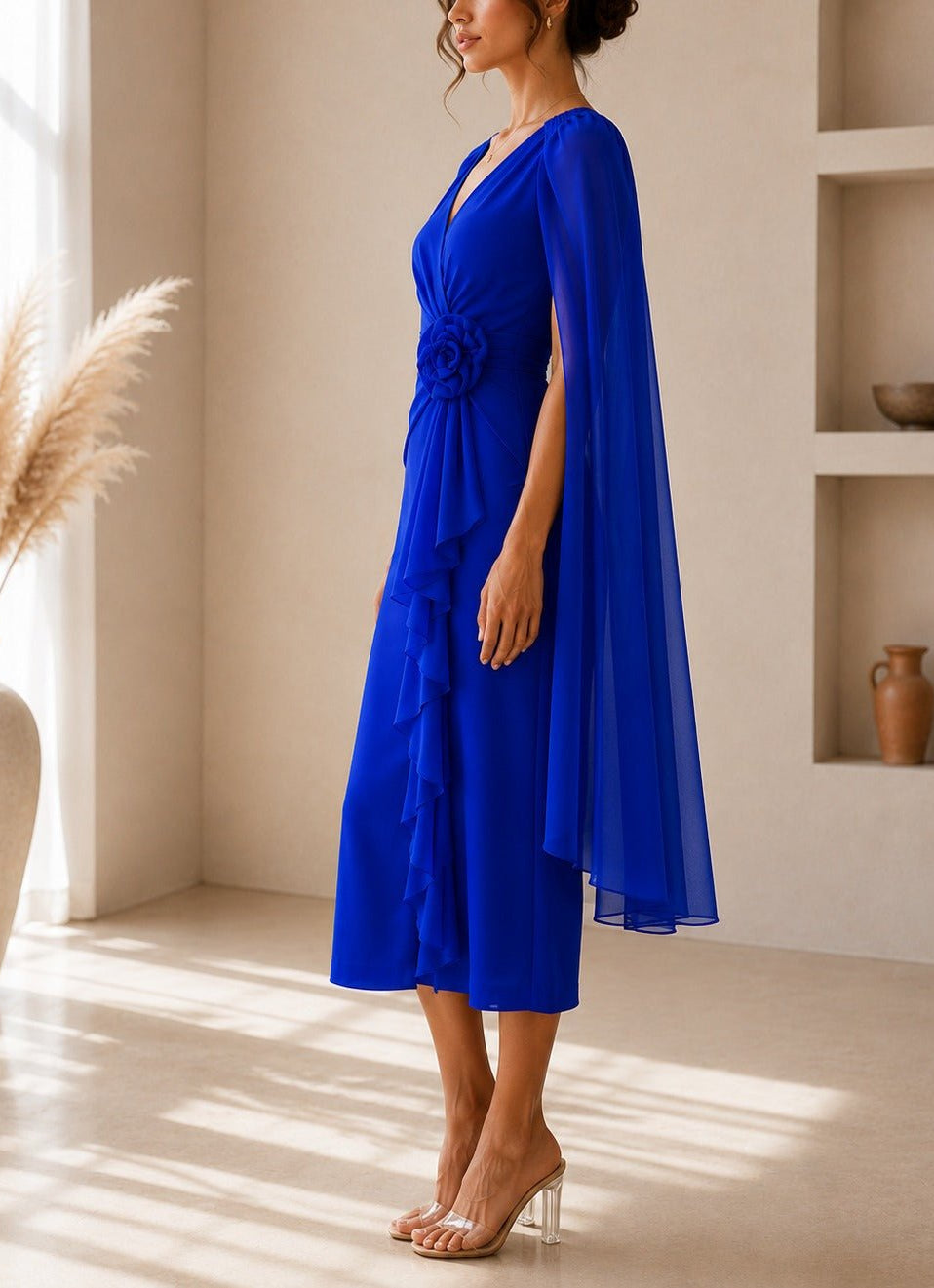 Ladies New Feeling Royal Blue Rose Cape Sleeve Dress - StylePhase SA