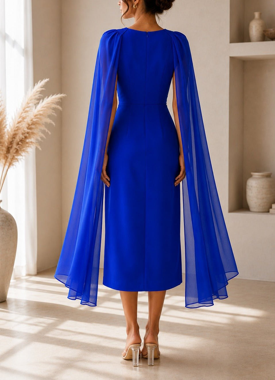 Ladies New Feeling Royal Blue Rose Cape Sleeve Dress - StylePhase SA