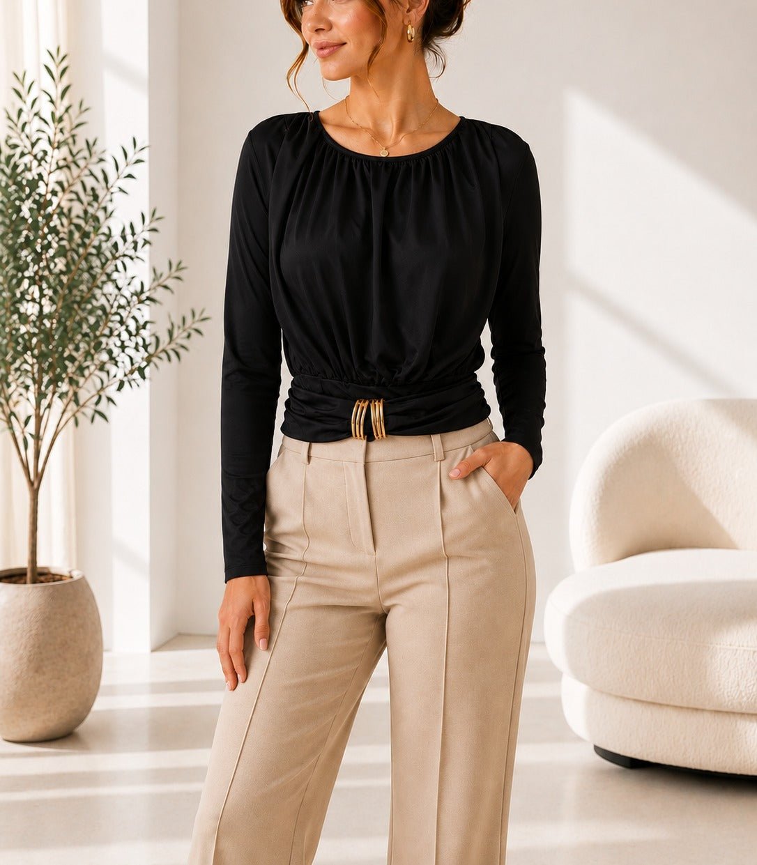 Ladies New Feeling Ruched Buckle Bodysuit- Black - StylePhase SA