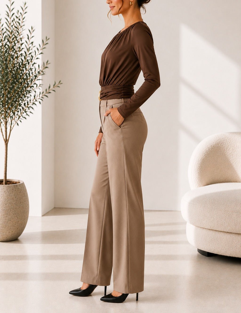 Ladies New Feeling Ruched Buckle Bodysuit-Brown - StylePhase SA