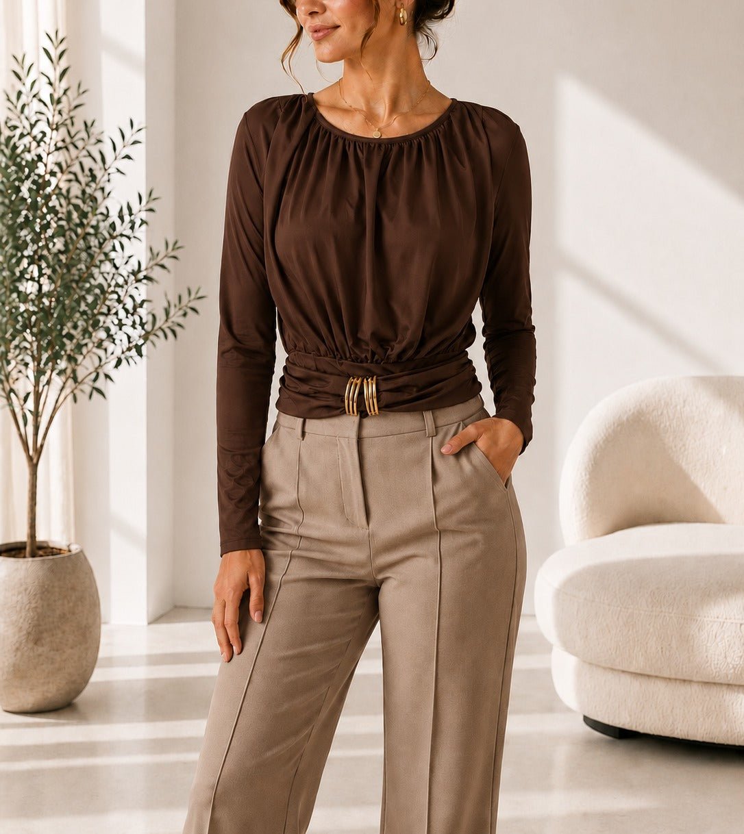 Ladies New Feeling Ruched Buckle Bodysuit-Brown - StylePhase SA