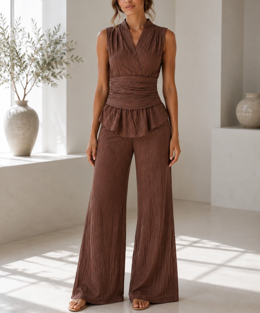 Ladies New Feeling Sleeveless V Neck Two Piece Set- Brown - StylePhase SA