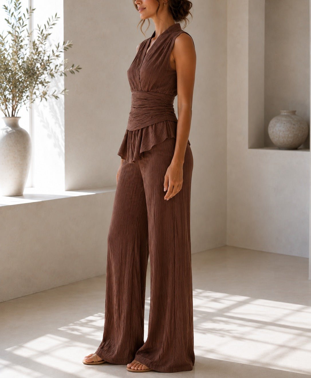 Ladies New Feeling Sleeveless V Neck Two Piece Set- Brown - StylePhase SA
