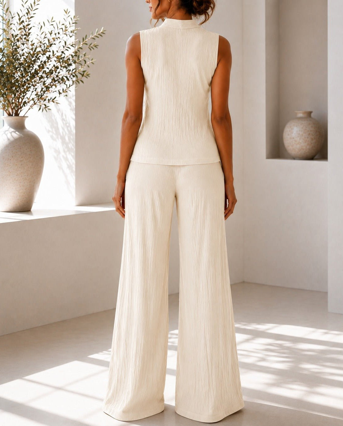 Ladies New Feeling Sleeveless V Neck Two Piece Set- Cream - StylePhase SA
