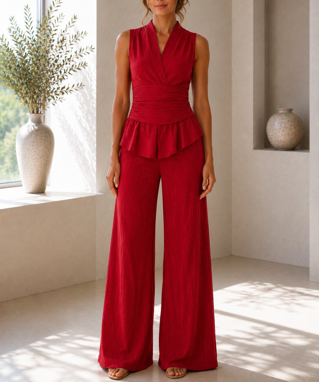 Ladies New Feeling Sleeveless V Neck Two Piece Set-Red - StylePhase SA