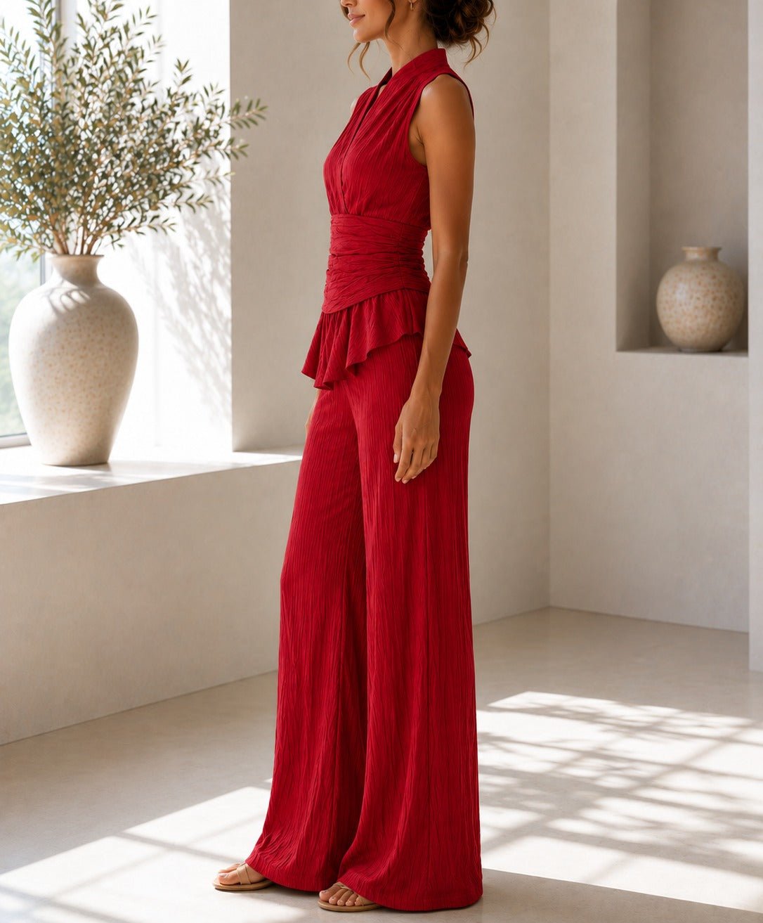 Ladies New Feeling Sleeveless V Neck Two Piece Set-Red - StylePhase SA