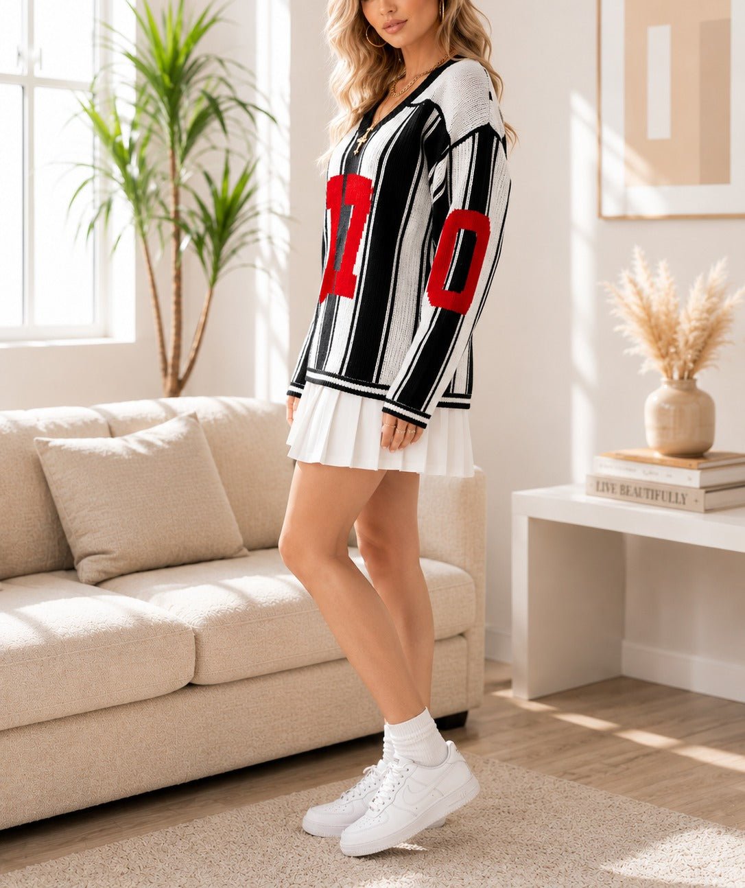 Ladies New Feeling V Neck Black Stripe Sweater - StylePhase SA