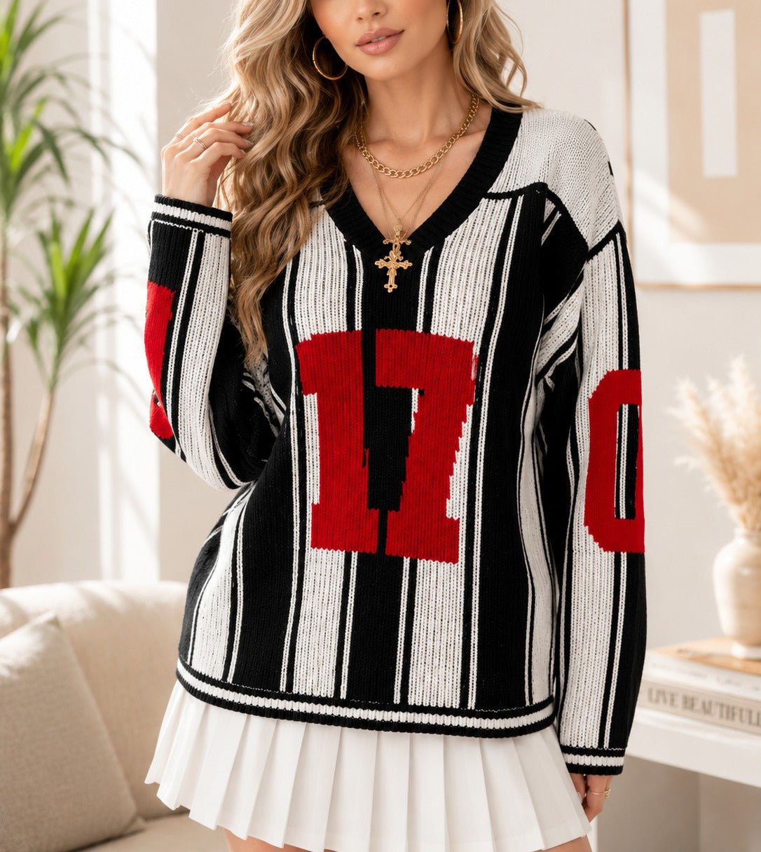 Ladies New Feeling V Neck Black Stripe Sweater - StylePhase SA