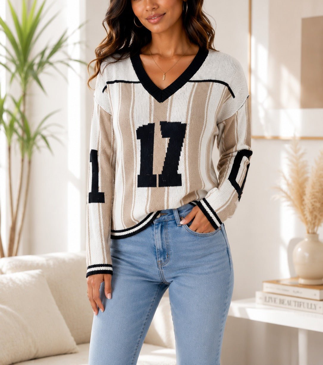 Ladies New Feeling V Neck Cream Stripe Sweater - StylePhase SA