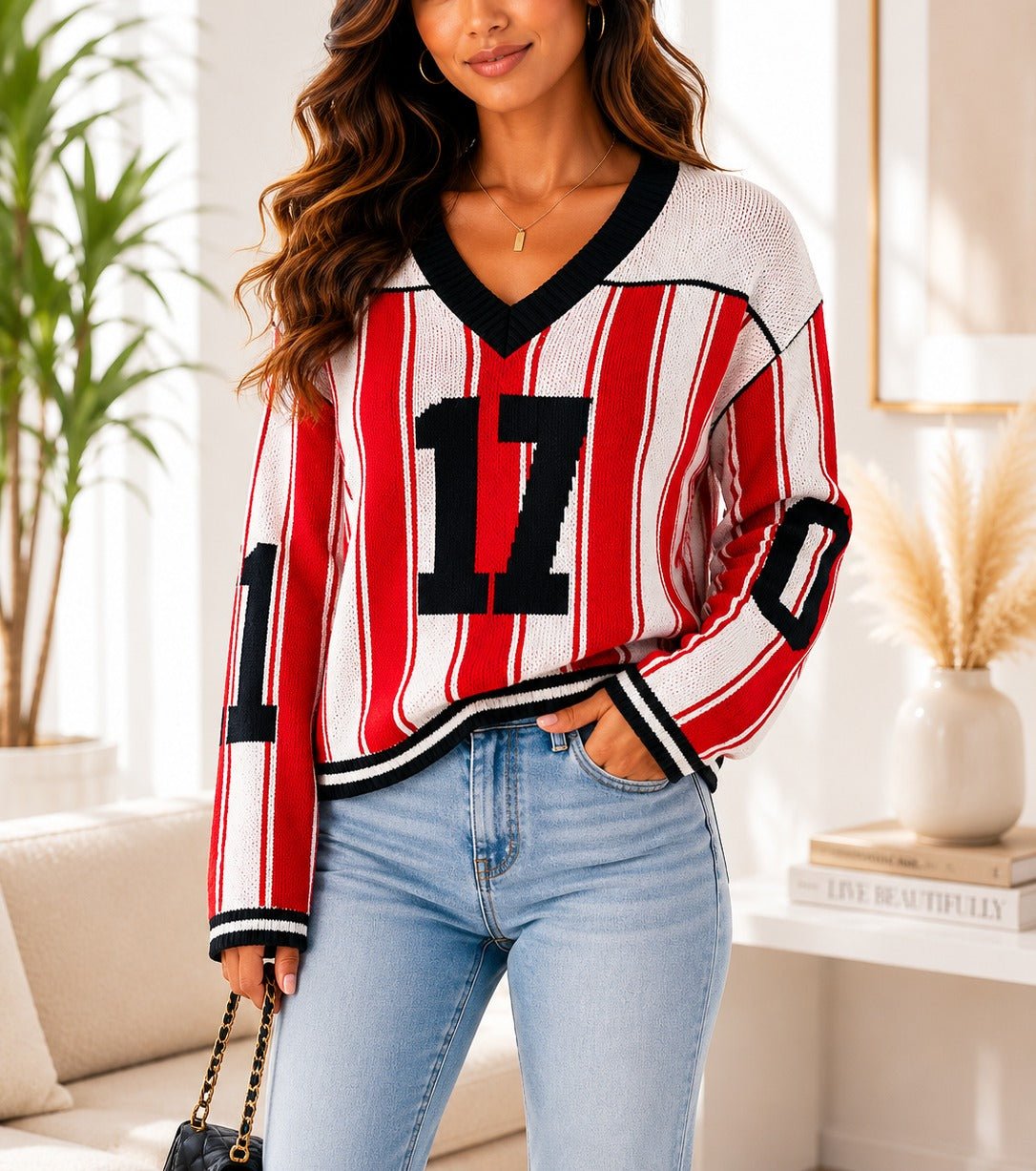 Ladies New Feeling V Neck Red Stripe Sweater - StylePhase SA