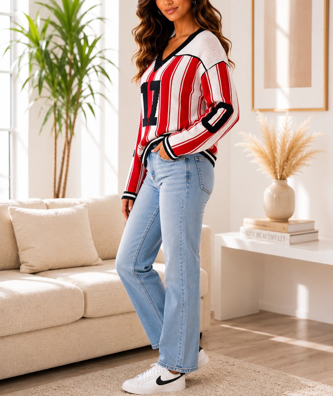 Ladies New Feeling V Neck Red Stripe Sweater - StylePhase SA