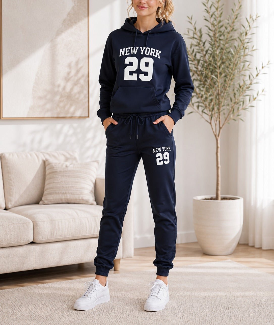 Ladies New York Printed Fleece Tracksuit Set - Navy - StylePhase SA
