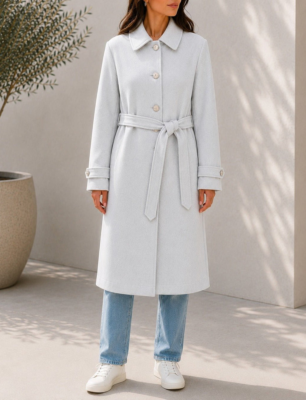 Ladies Oatmeal Pleated Button Detail Melton Coat - StylePhase SA