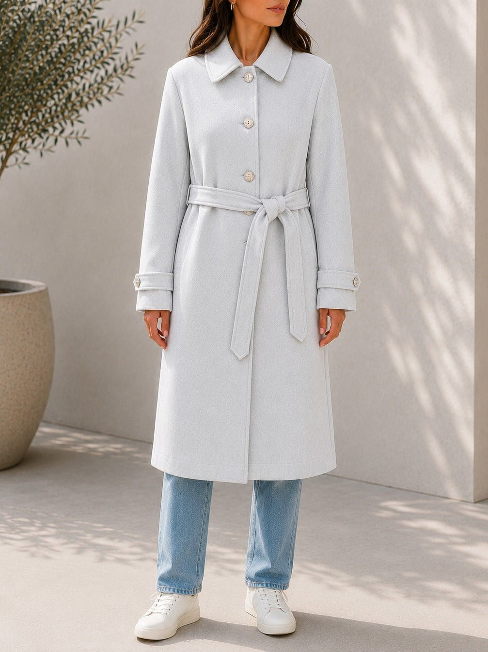 Ladies Oatmeal Pleated Button Detail Melton Coat - StylePhase SA