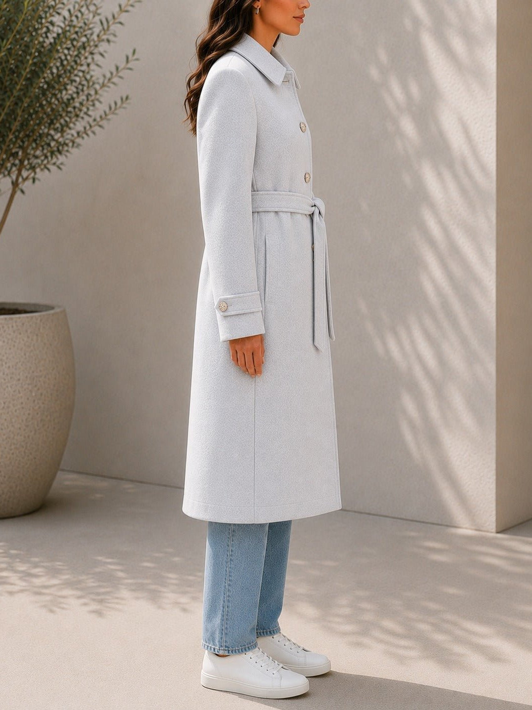Ladies Oatmeal Pleated Button Detail Melton Coat - StylePhase SA