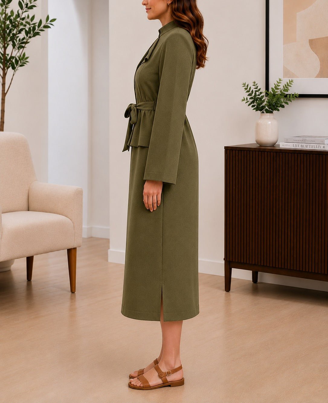 Ladies Olive Belted Peplum Midi Dress - StylePhase SA