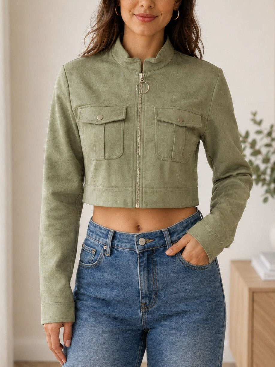 Ladies Olive Faux Suede Cropped Jacket - StylePhase SA