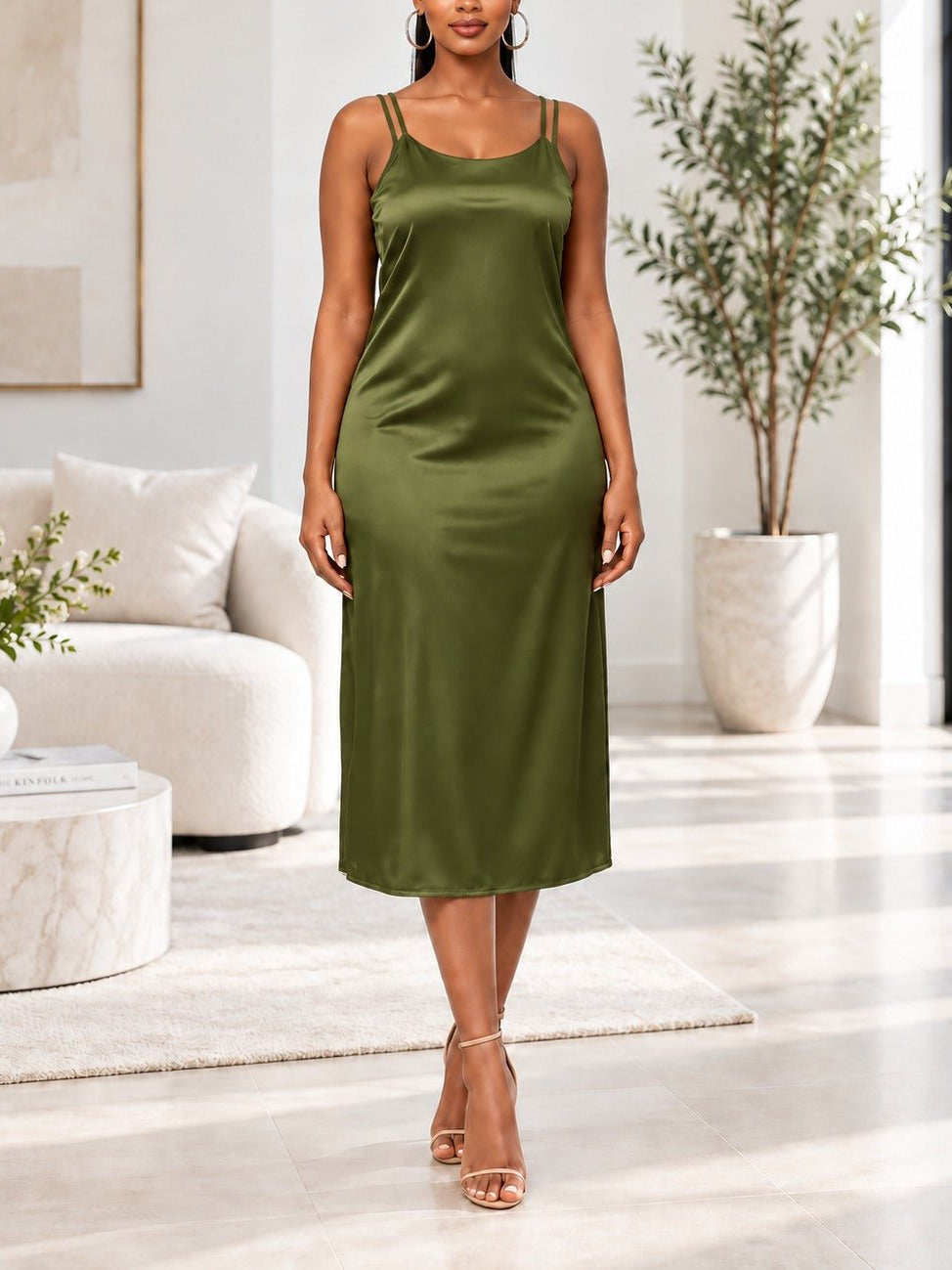 Ladies Olive Green Satin Slip Dress - StylePhase SA