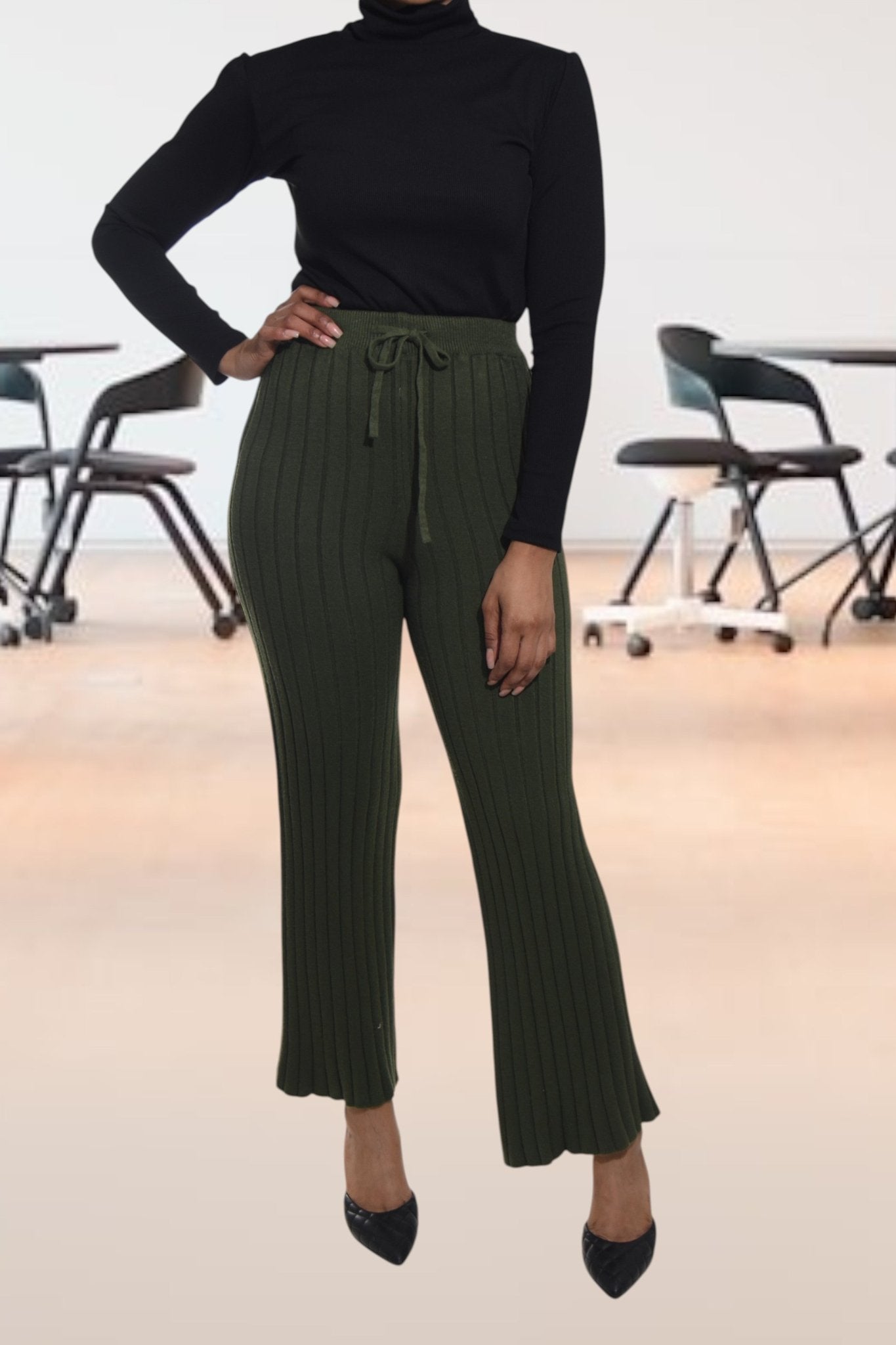 Ladies Olive Rib High Waist Pants - StylePhase SA