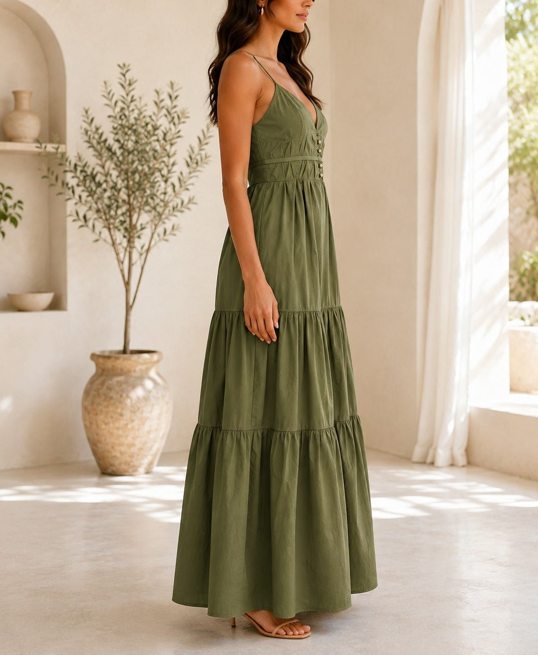 Ladies Olive Strappy Ruffel Hem Dress - StylePhase SA