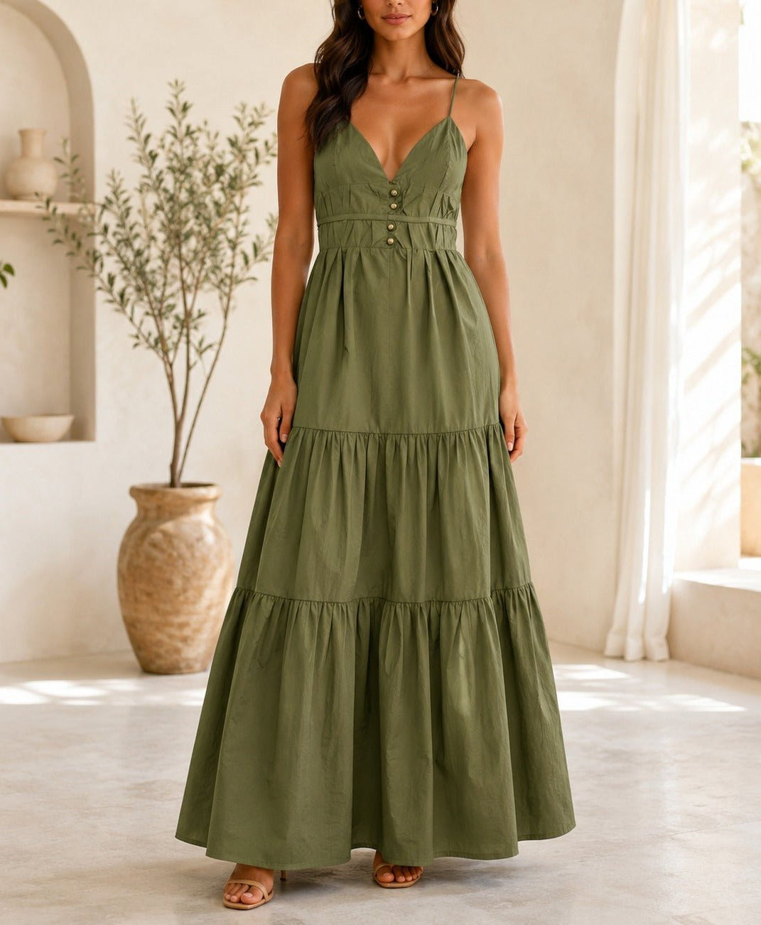 Ladies Olive Strappy Ruffel Hem Dress - StylePhase SA