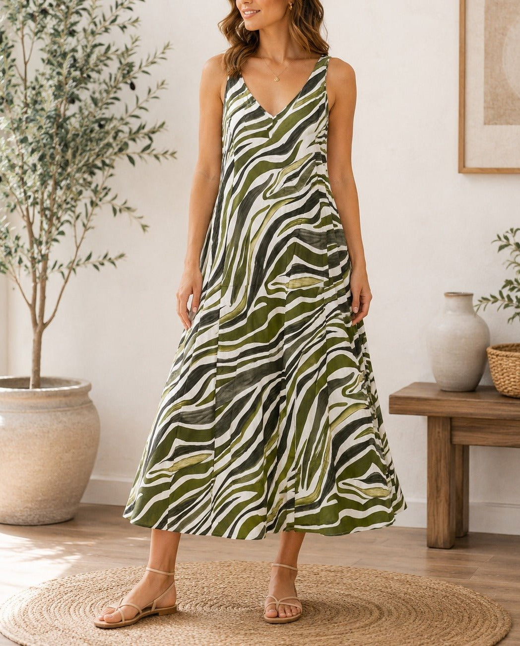 Ladies Olive V Neck Maxi Dress - StylePhase SA