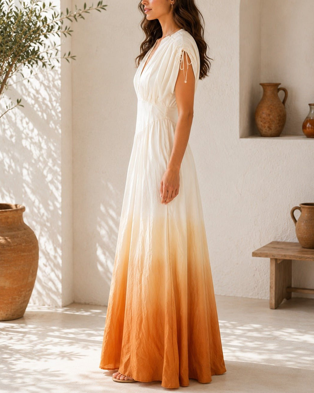 Ladies Orange Ombre Deep V-Neckline Tie Back Maxi Dress - StylePhase SA