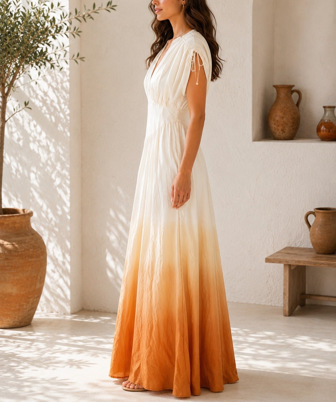 Ladies Orange Ombre Deep V-Neckline Tie Back Maxi Dress - StylePhase SA