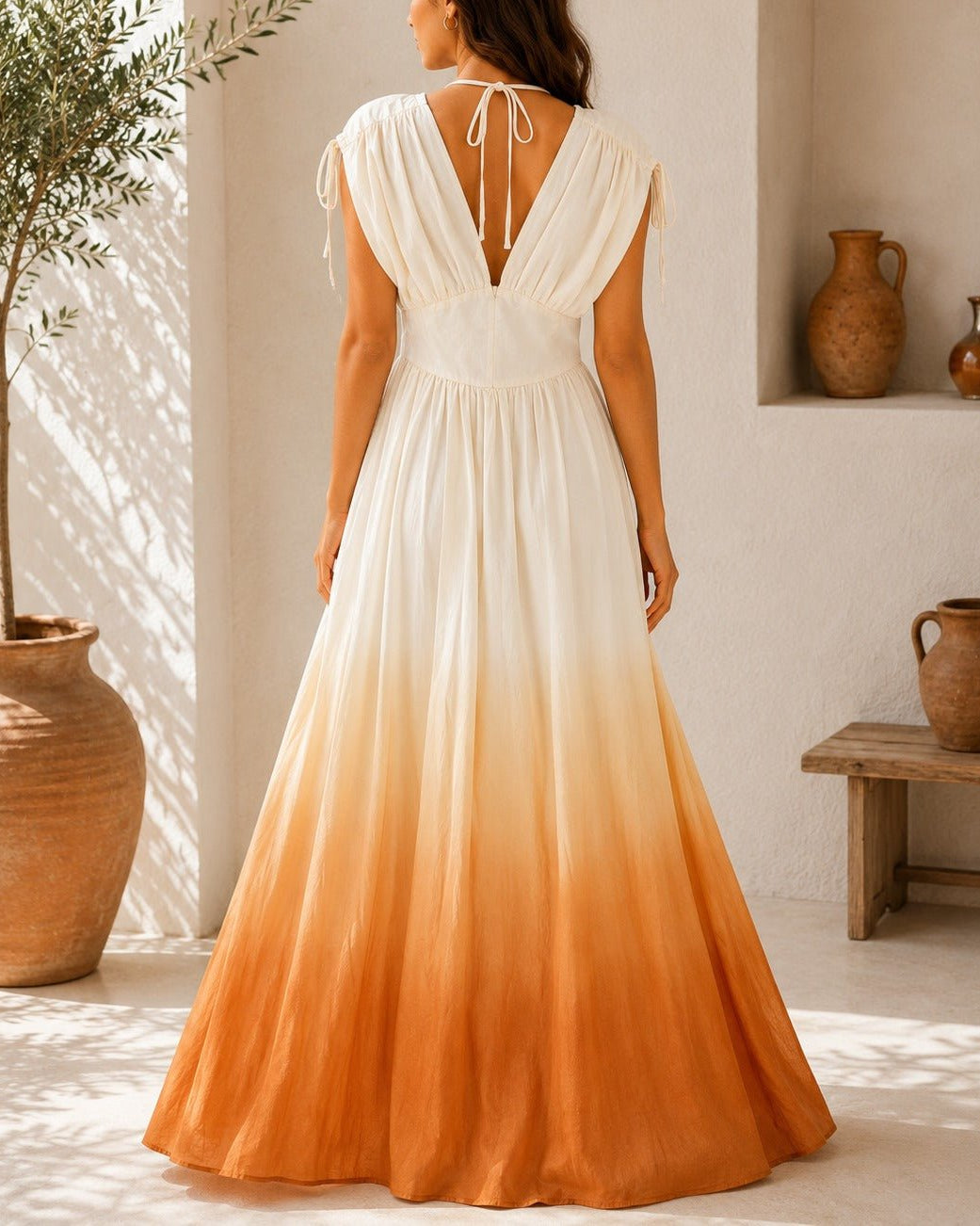 Ladies Orange Ombre Deep V-Neckline Tie Back Maxi Dress - StylePhase SA