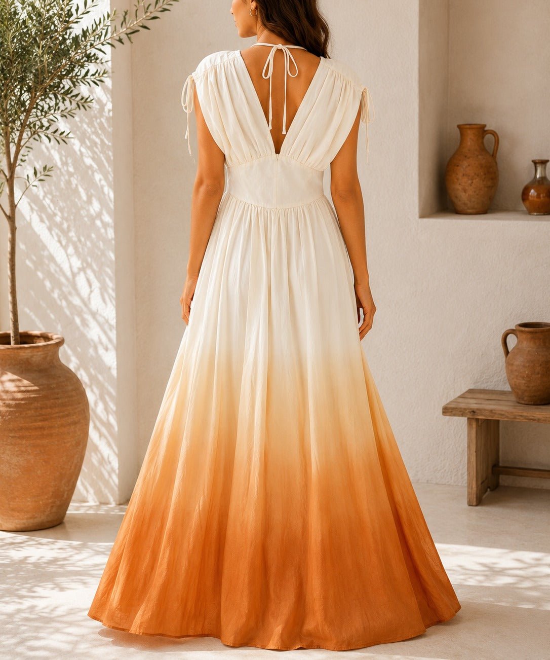 Ladies Orange Ombre Deep V-Neckline Tie Back Maxi Dress - StylePhase SA