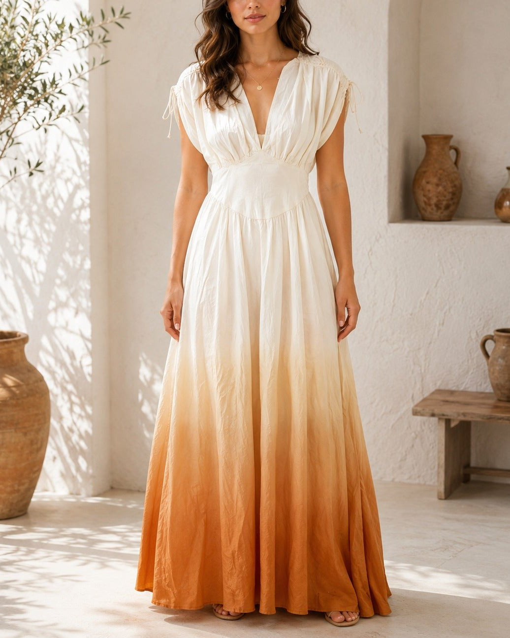 Ladies Orange Ombre Deep V-Neckline Tie Back Maxi Dress - StylePhase SA