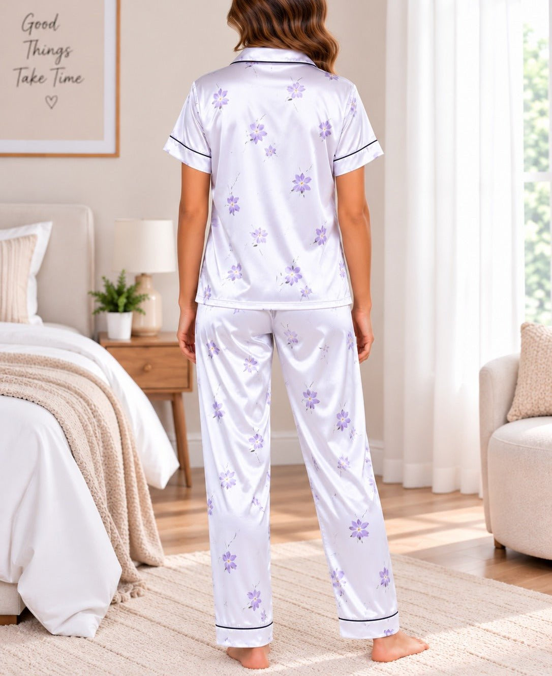 Ladies Pearl Floral Print Satin Pyjama Set - StylePhase SA