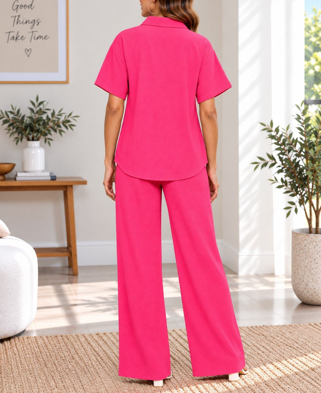 Ladies Pink Button Shirt Two-Piece Set - StylePhase SA