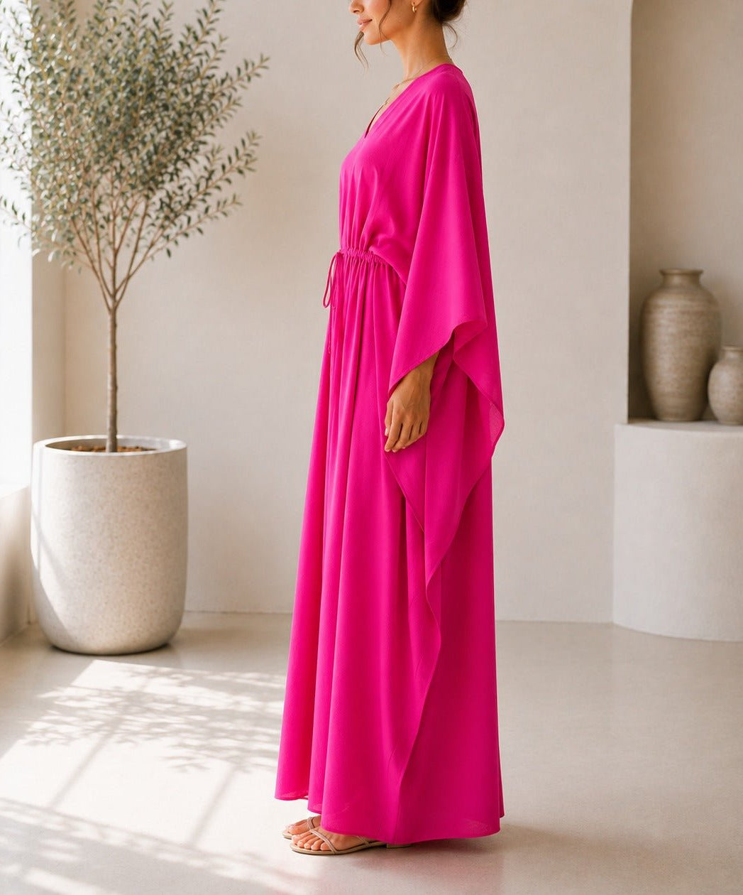Ladies Pink Drawstring V-neck Kaftan - StylePhase SA