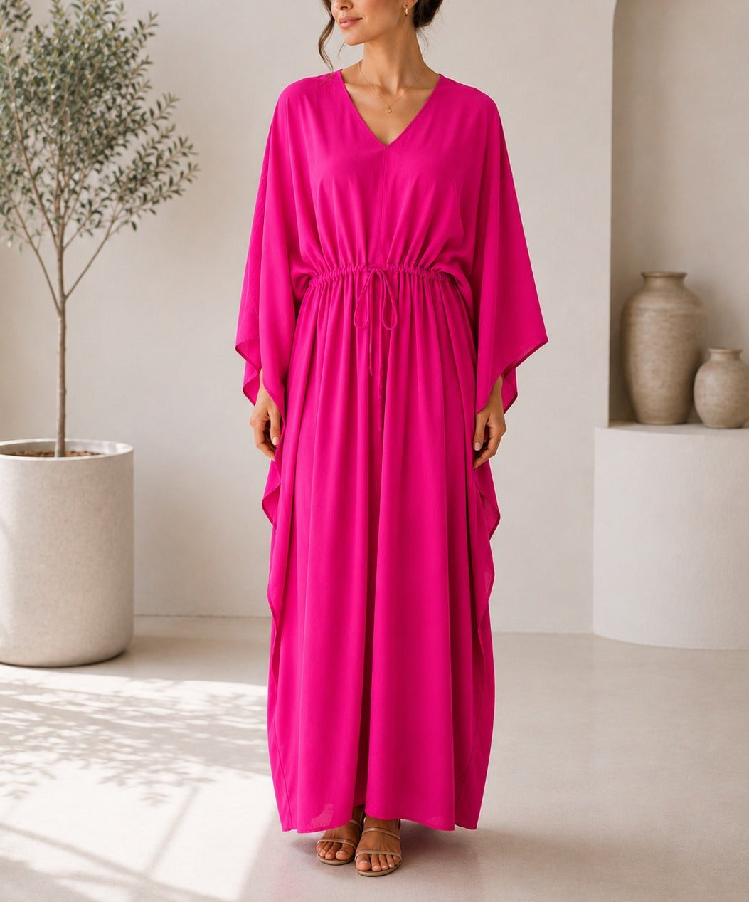 Ladies Pink Drawstring V-neck Kaftan - StylePhase SA