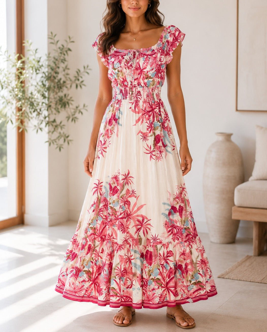 Ladies Pink Floral Smoked Waist Maxi Dress - StylePhase SA