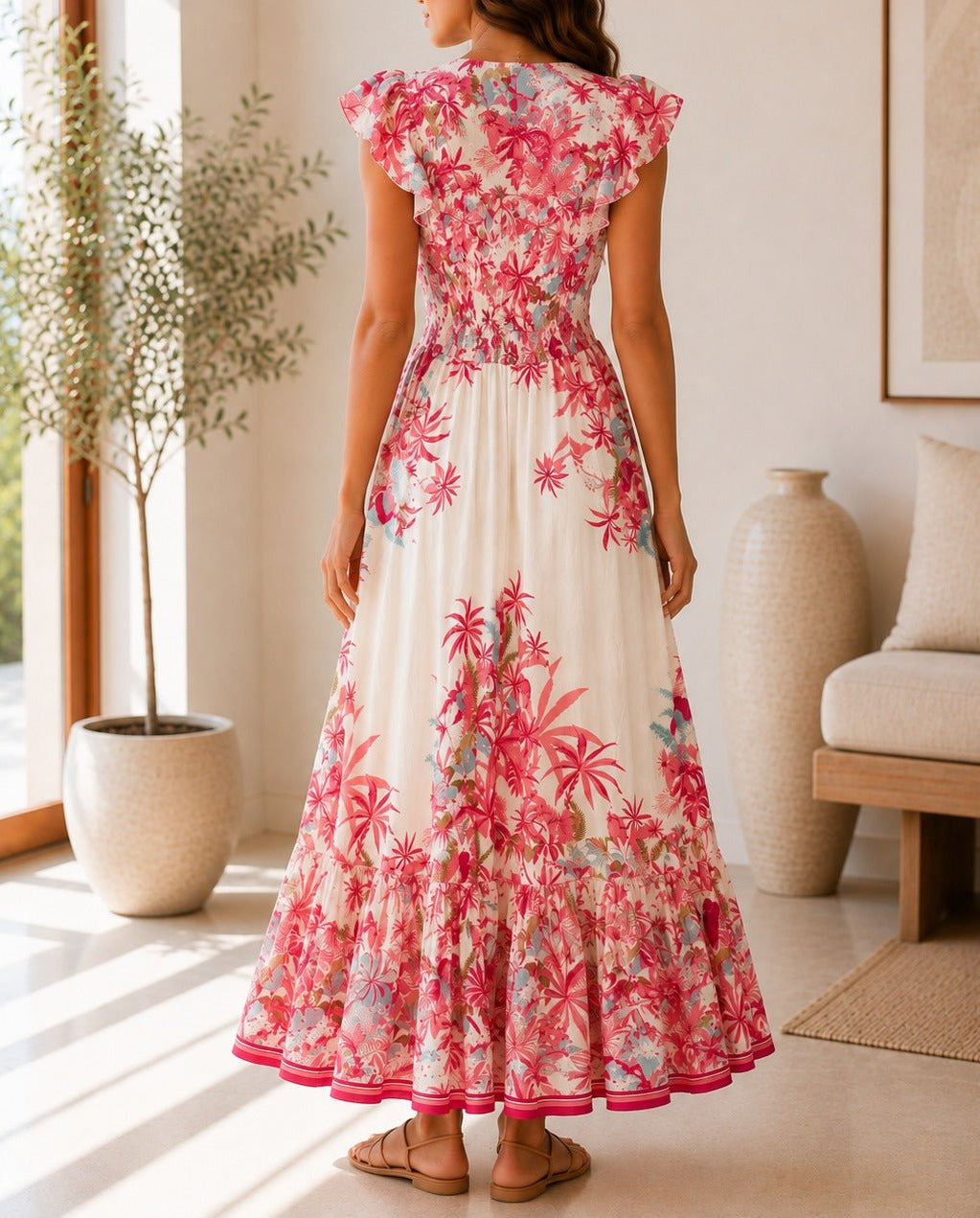 Ladies Pink Floral Smoked Waist Maxi Dress - StylePhase SA