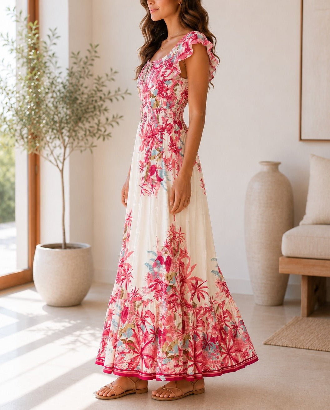 Ladies Pink Floral Smoked Waist Maxi Dress - StylePhase SA